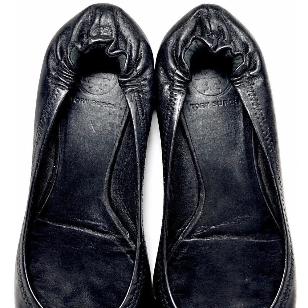 Tory Burch Reva Ballet Flats Black Leather Gold Logo Round Toe Women's 7‎